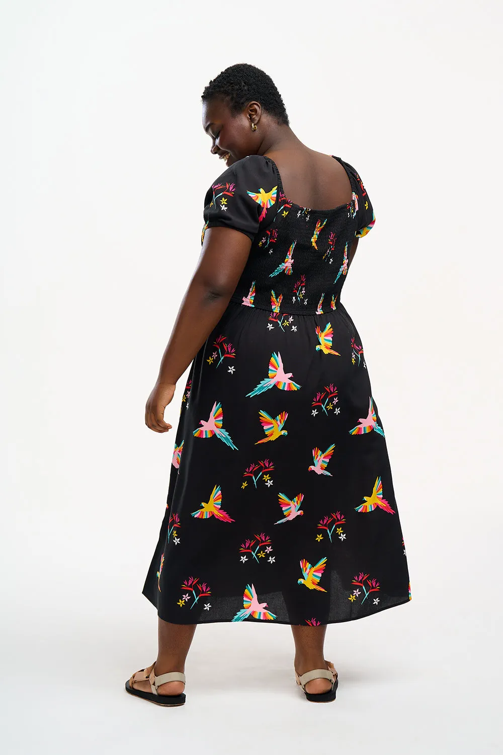 Jolene Midi Shirred Dress - Black, Tropical Parrots