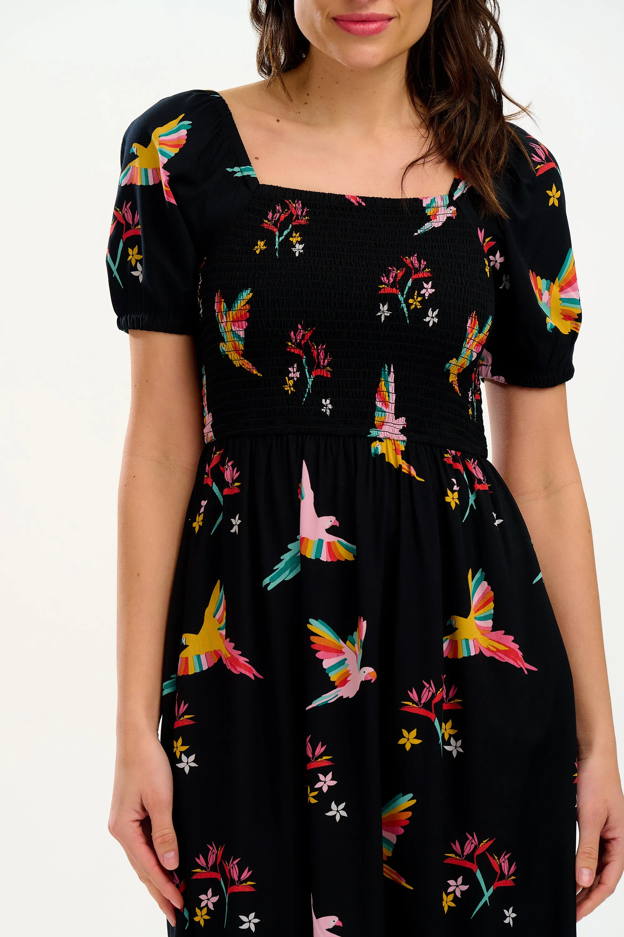 Jolene Midi Shirred Dress - Black, Tropical Parrots