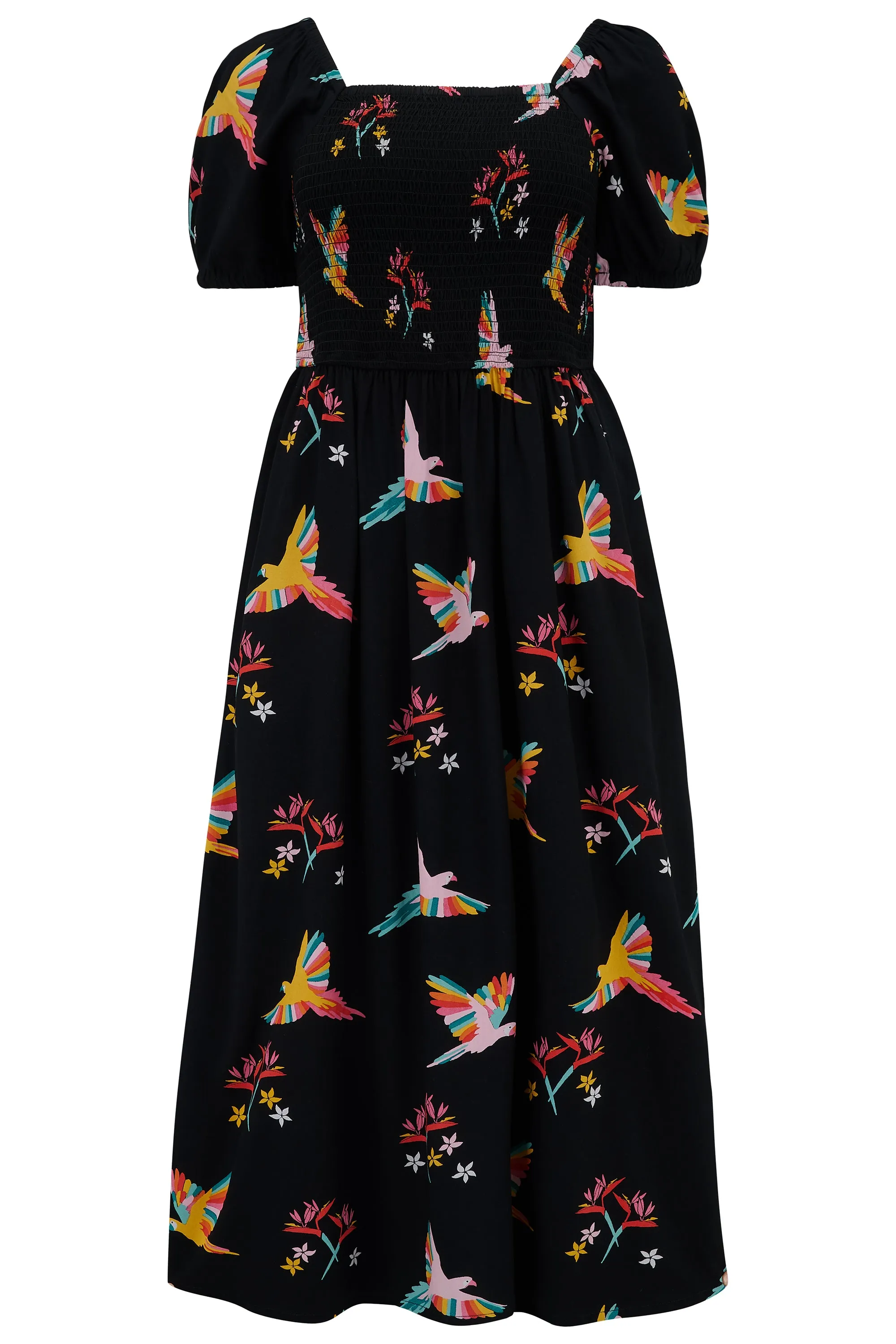 Jolene Midi Shirred Dress - Black, Tropical Parrots