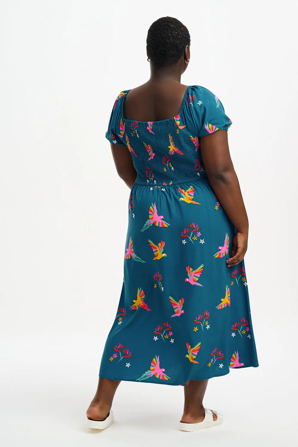 Jolene Midi Shirred Dress - Teal, Rainbow Parrots