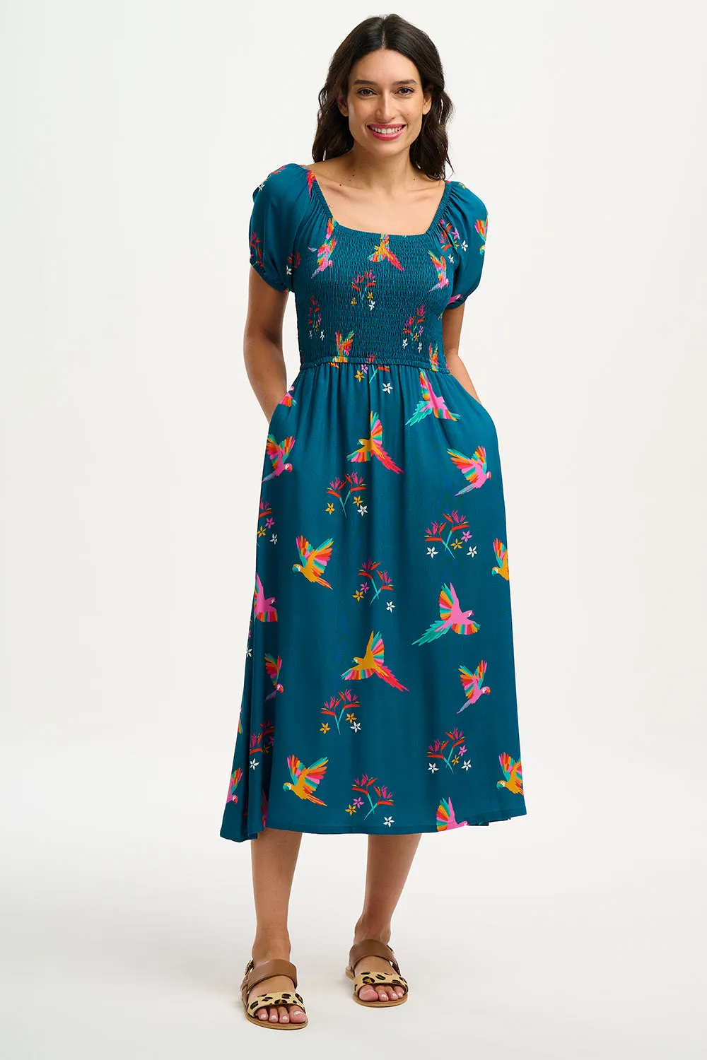 Jolene Midi Shirred Dress - Teal, Rainbow Parrots