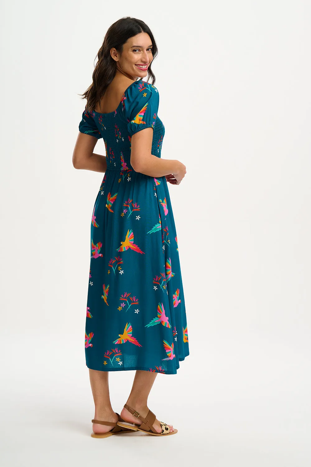 Jolene Midi Shirred Dress - Teal, Rainbow Parrots