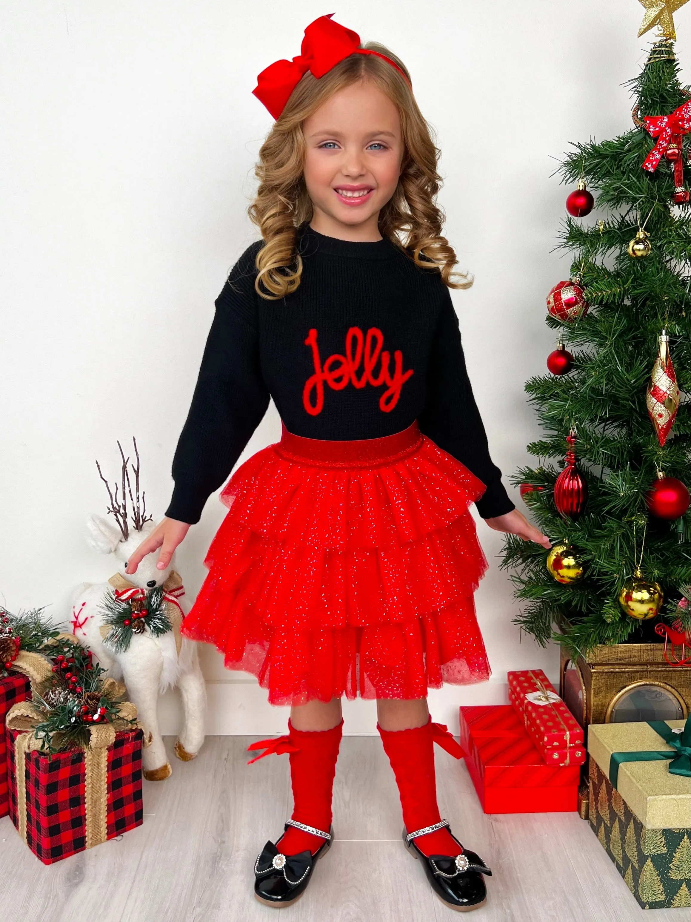 Jolly Embroidered Sweater And Glitter Tutu Skirt Set