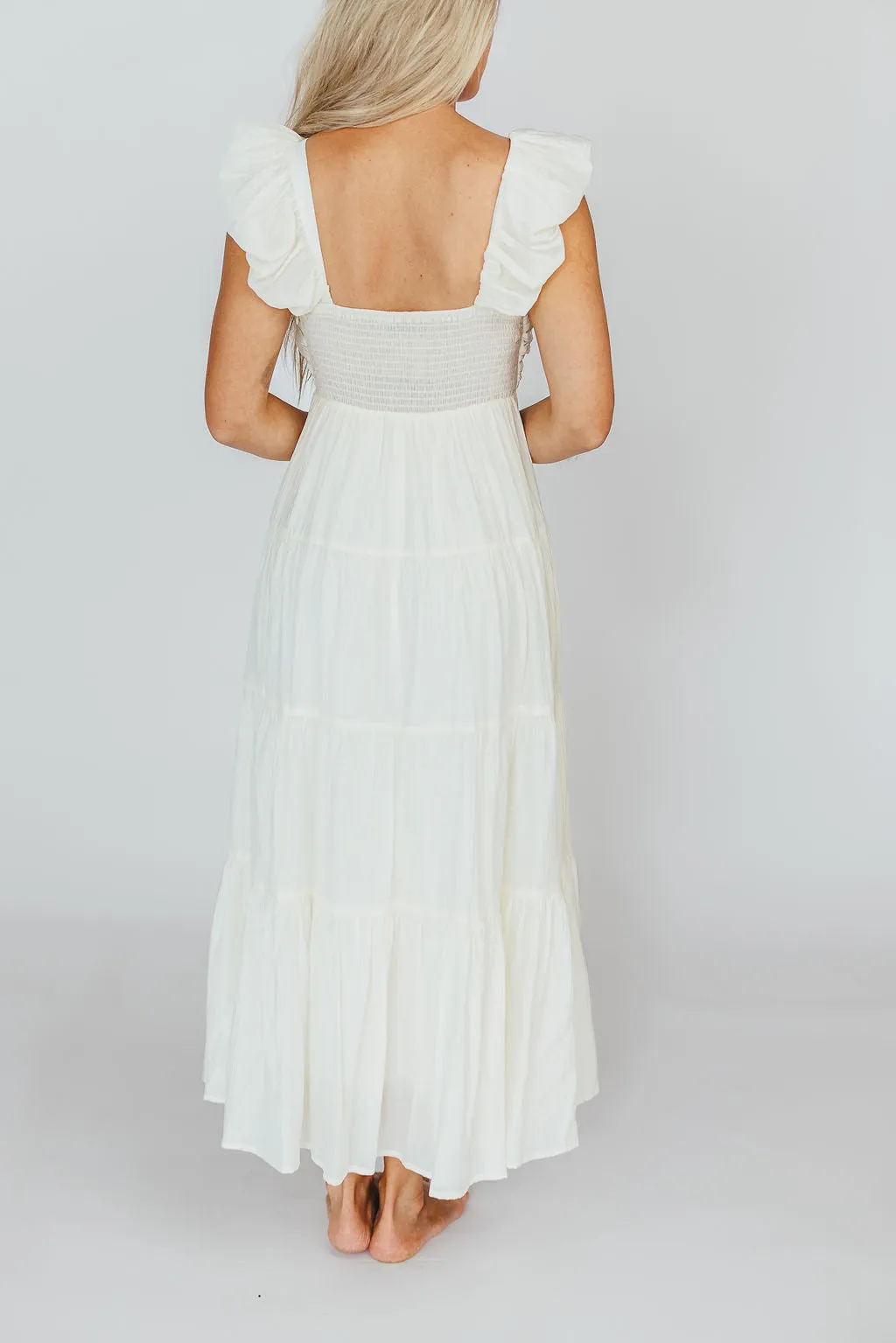 Katy Pleated Bodice Midi Dress in Cream - Bump Friendly