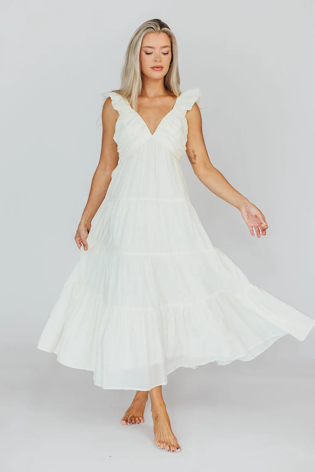 Katy Pleated Bodice Midi Dress in Cream - Bump Friendly