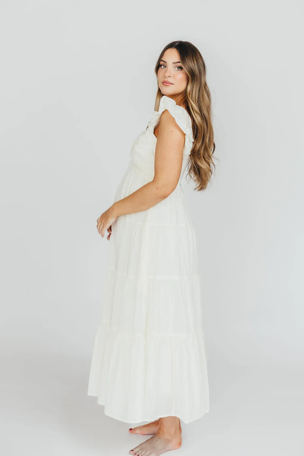 Katy Pleated Bodice Midi Dress in Cream - Bump Friendly