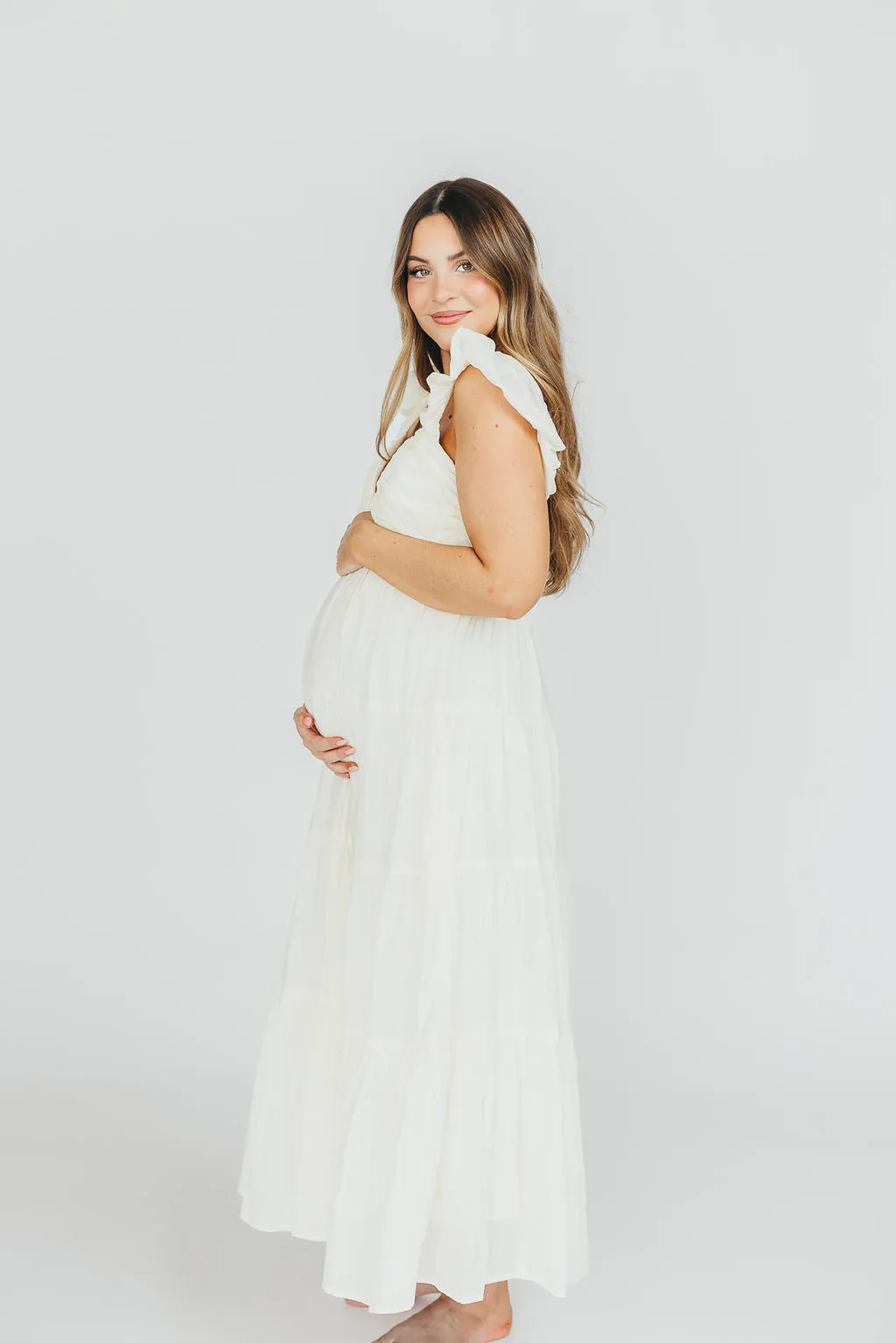 Katy Pleated Bodice Midi Dress in Cream - Bump Friendly