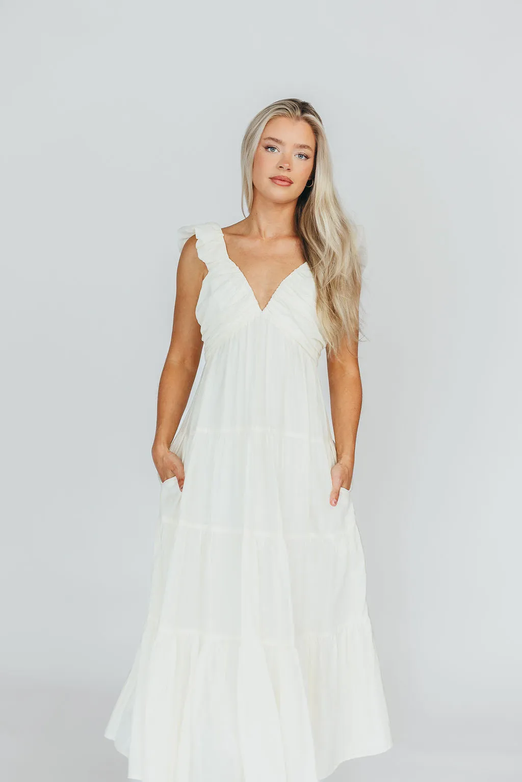 Katy Pleated Bodice Midi Dress in Cream - Bump Friendly