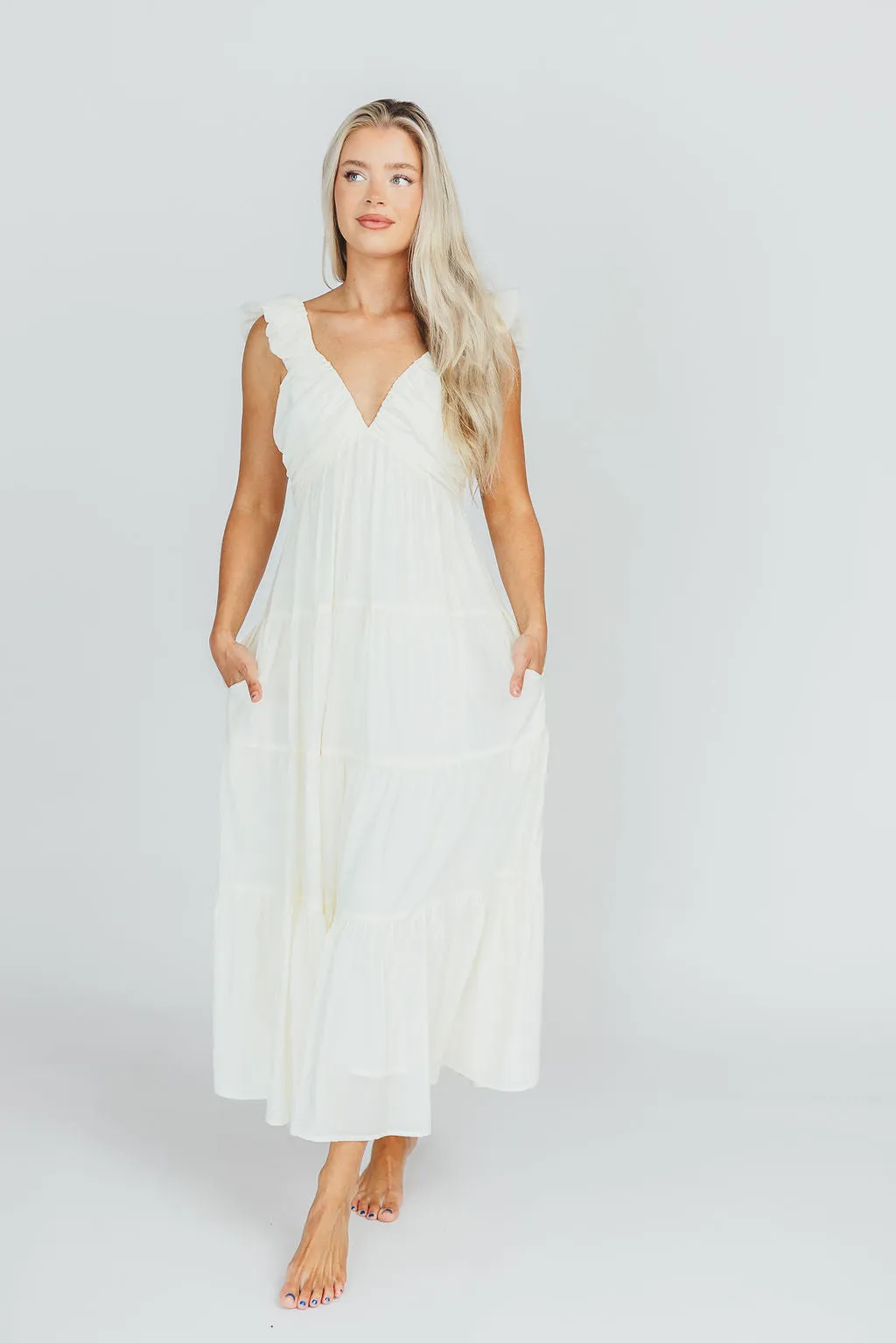 Katy Pleated Bodice Midi Dress in Cream - Bump Friendly