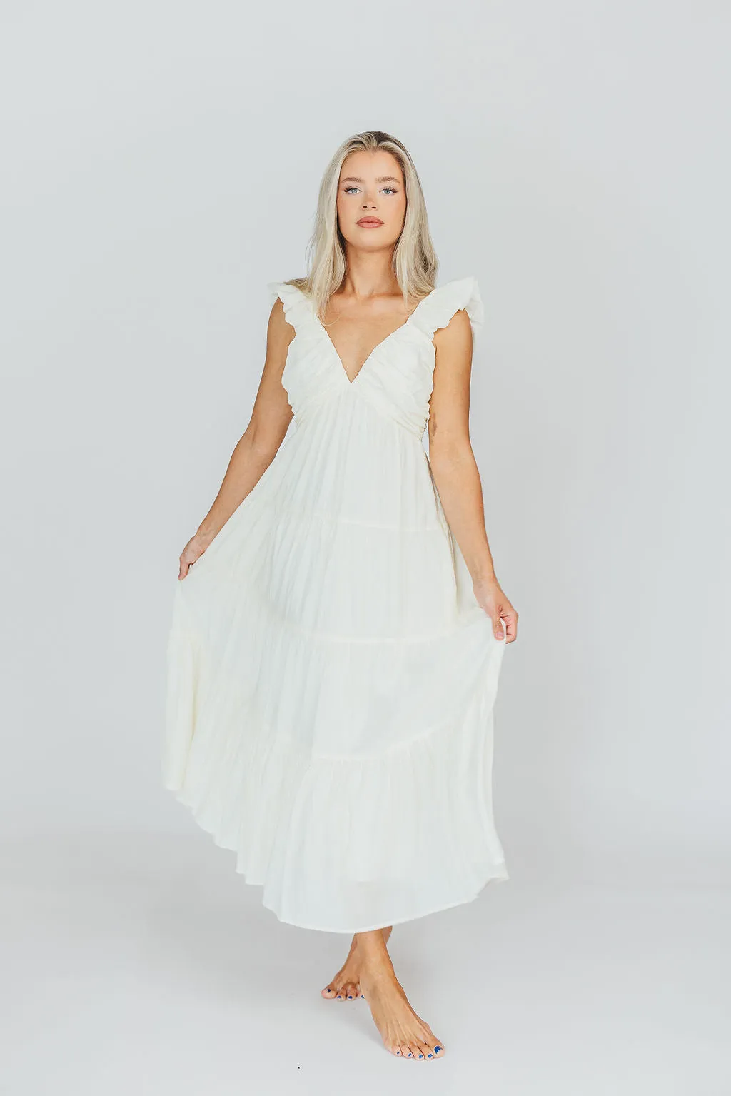 Katy Pleated Bodice Midi Dress in Cream - Bump Friendly