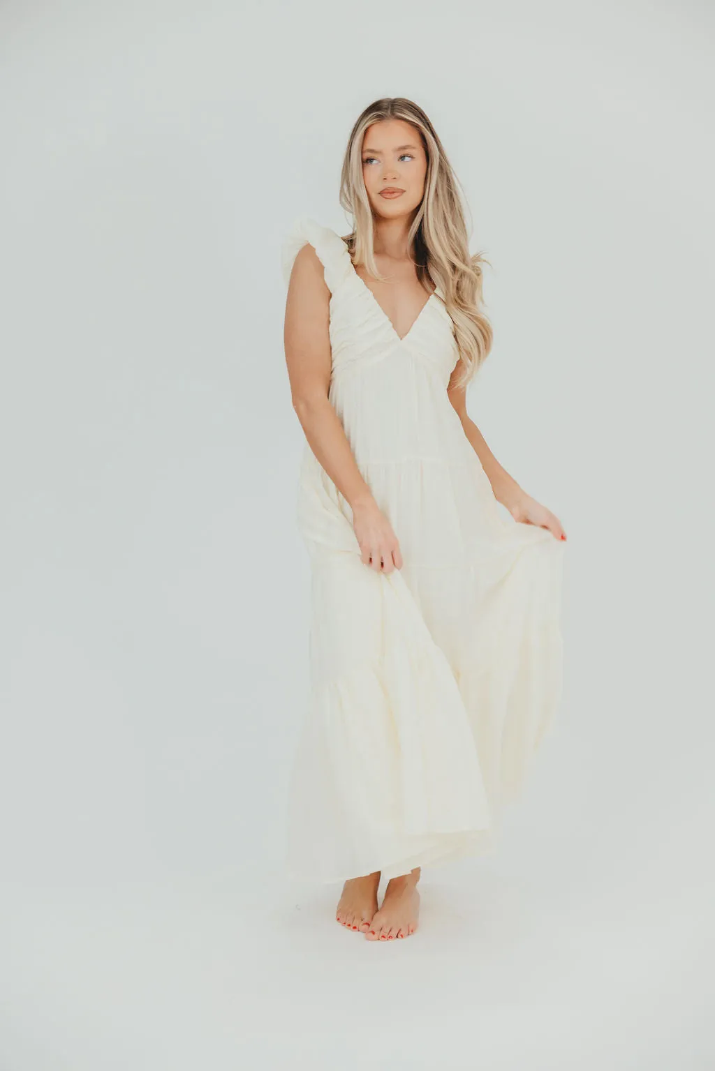 Katy Pleated Bodice Midi Dress in Cream - Bump Friendly