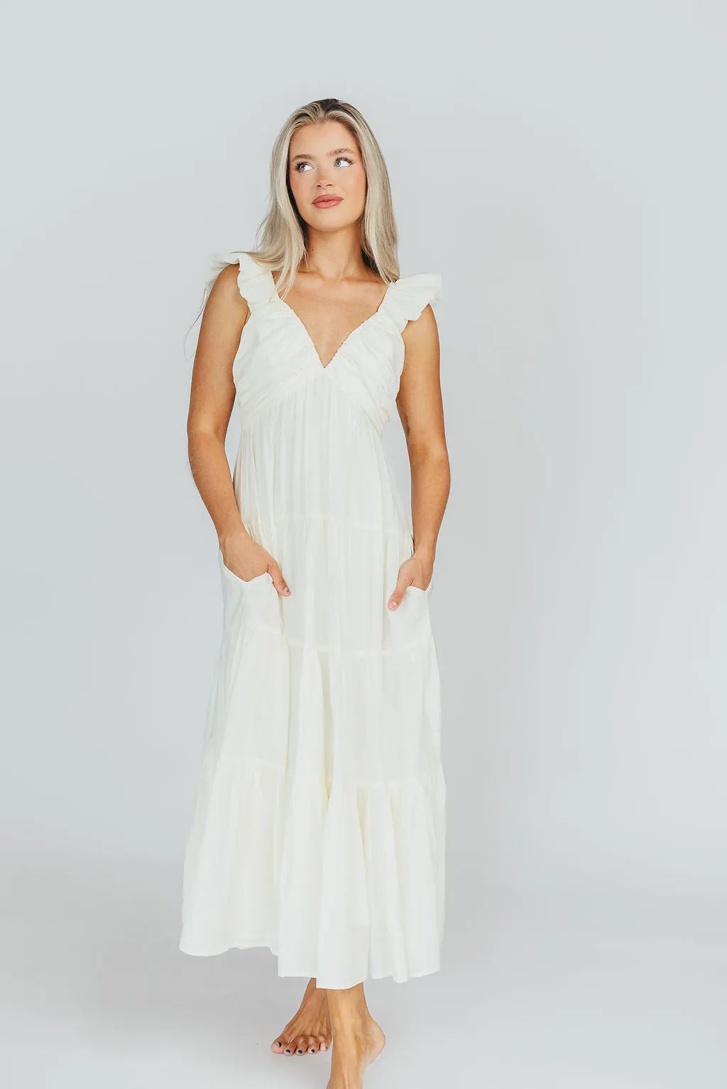 Katy Pleated Bodice Midi Dress in Cream - Bump Friendly