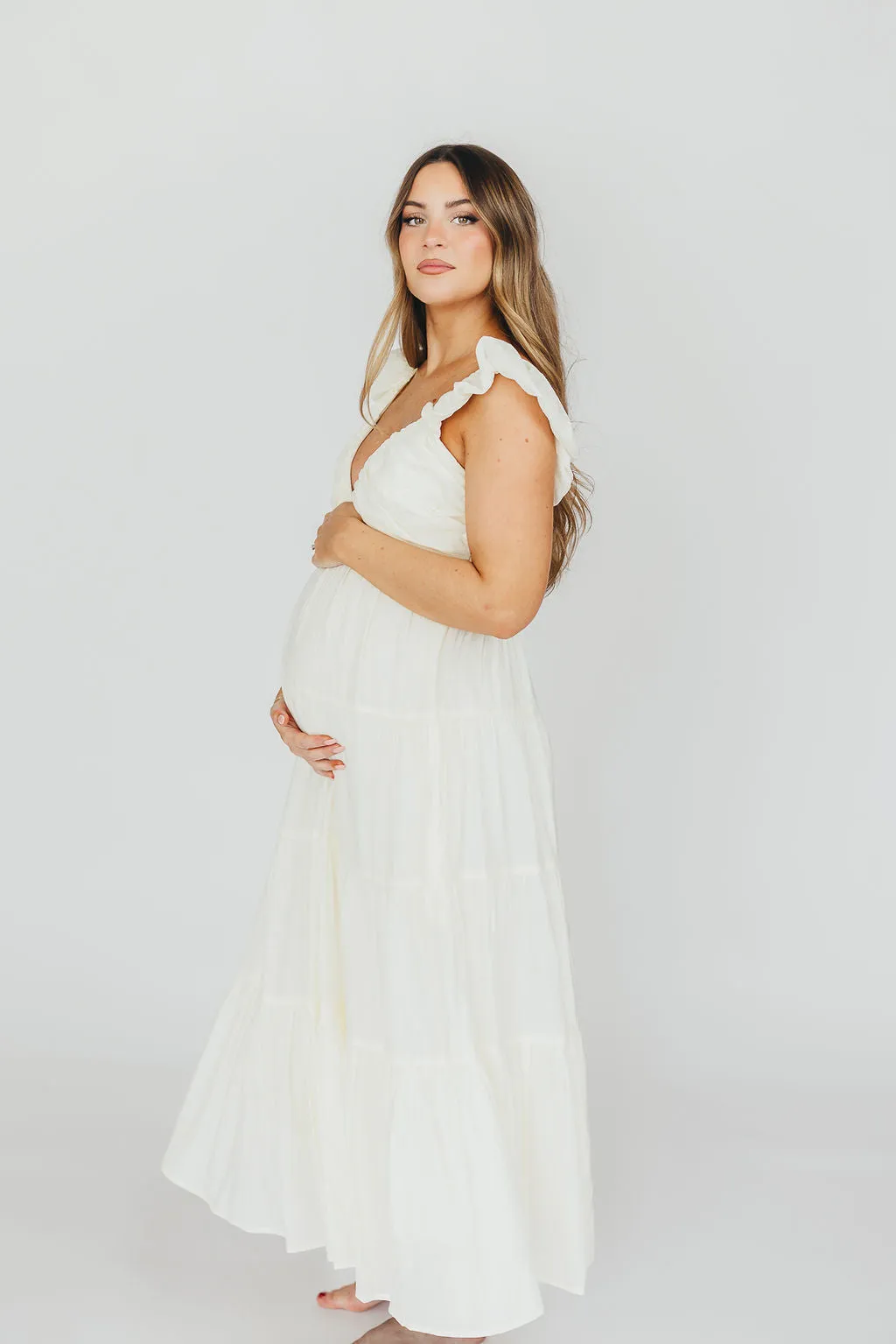 Katy Pleated Bodice Midi Dress in Cream - Bump Friendly