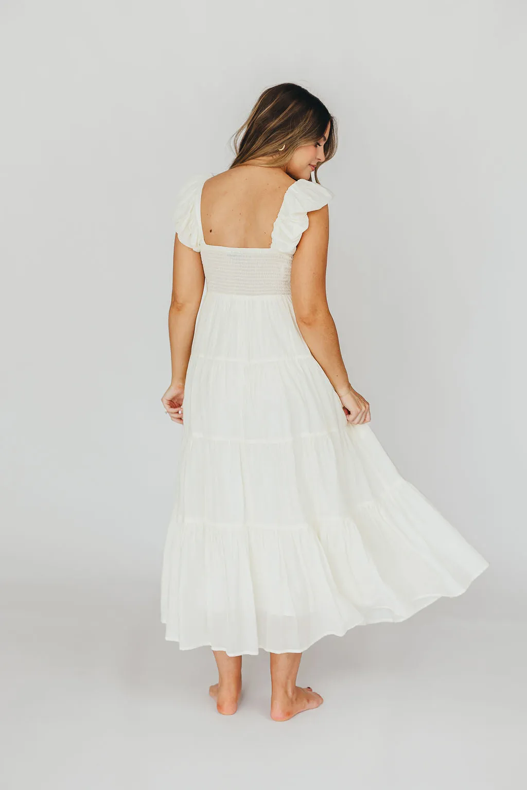 Katy Pleated Bodice Midi Dress in Cream - Bump Friendly