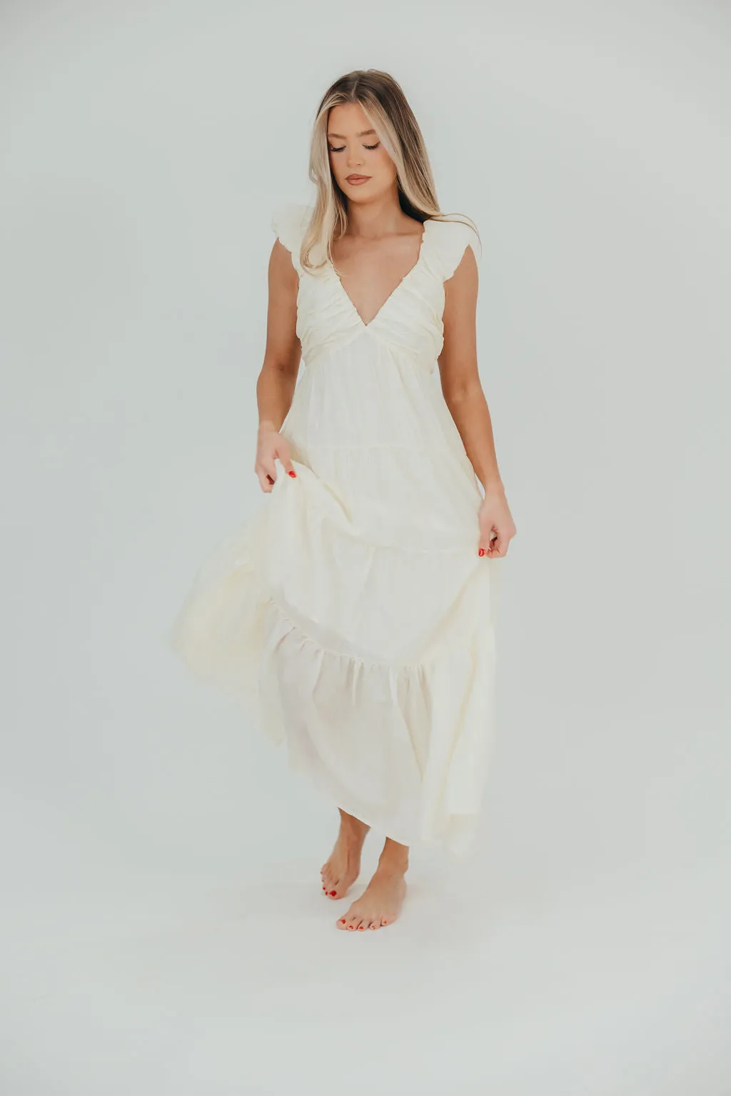 Katy Pleated Bodice Midi Dress in Cream - Bump Friendly