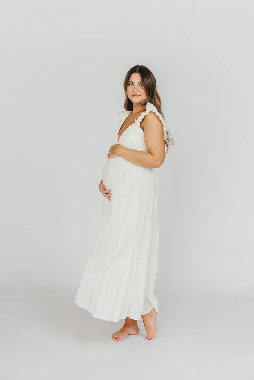 Katy Pleated Bodice Midi Dress in Cream - Bump Friendly