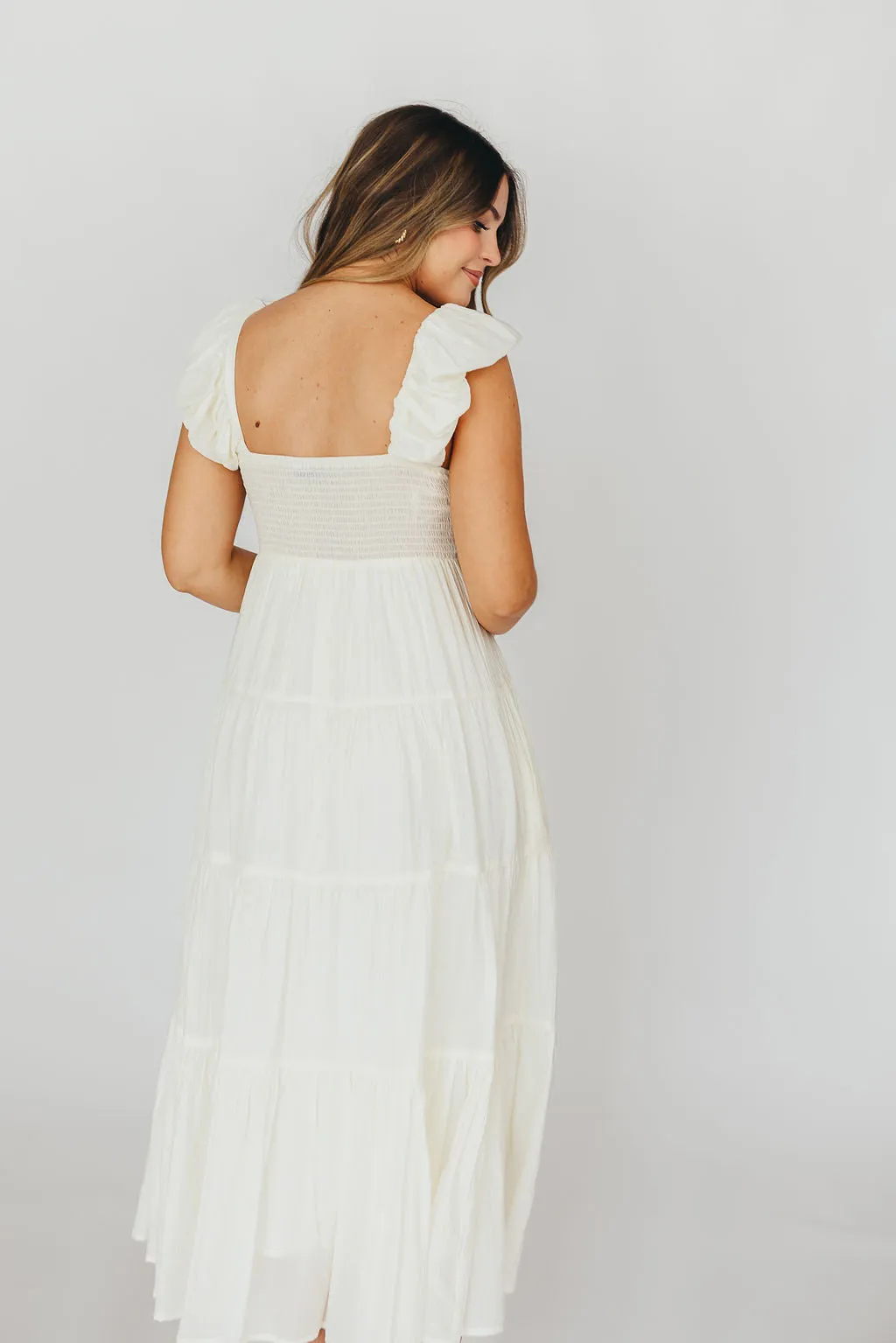 Katy Pleated Bodice Midi Dress in Cream - Bump Friendly