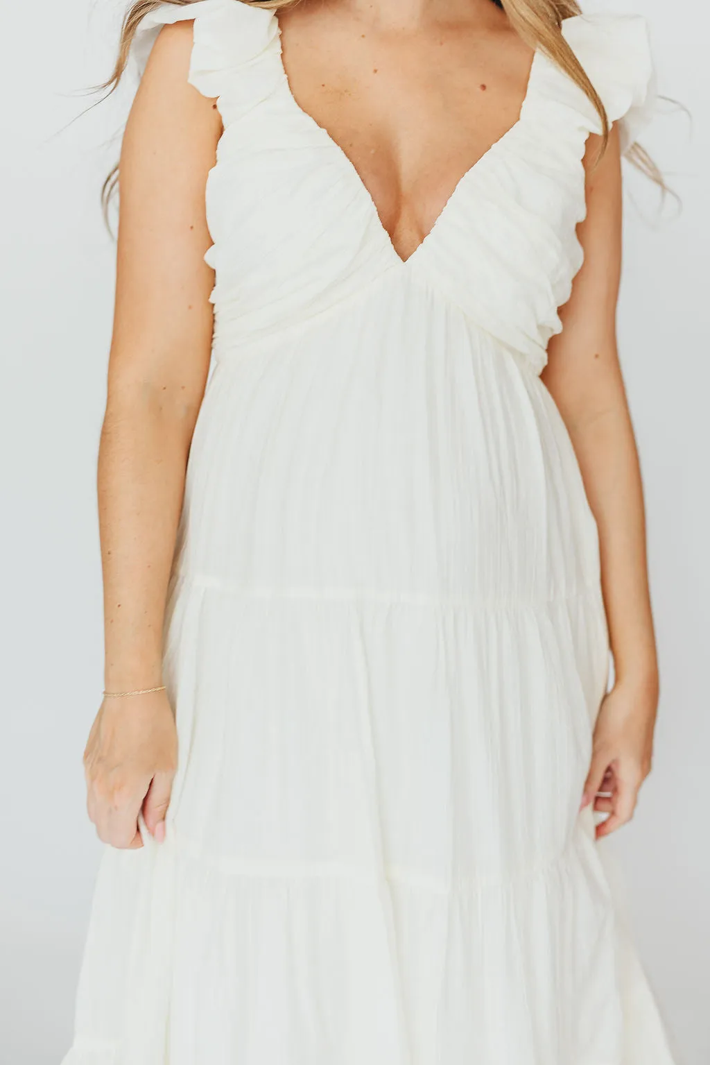 Katy Pleated Bodice Midi Dress in Cream - Bump Friendly