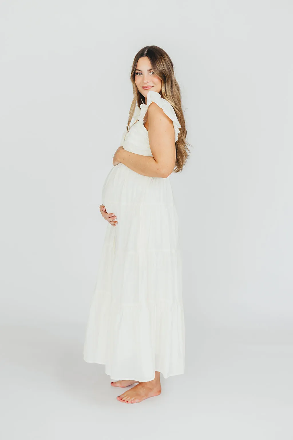 Katy Pleated Bodice Midi Dress in Cream - Bump Friendly