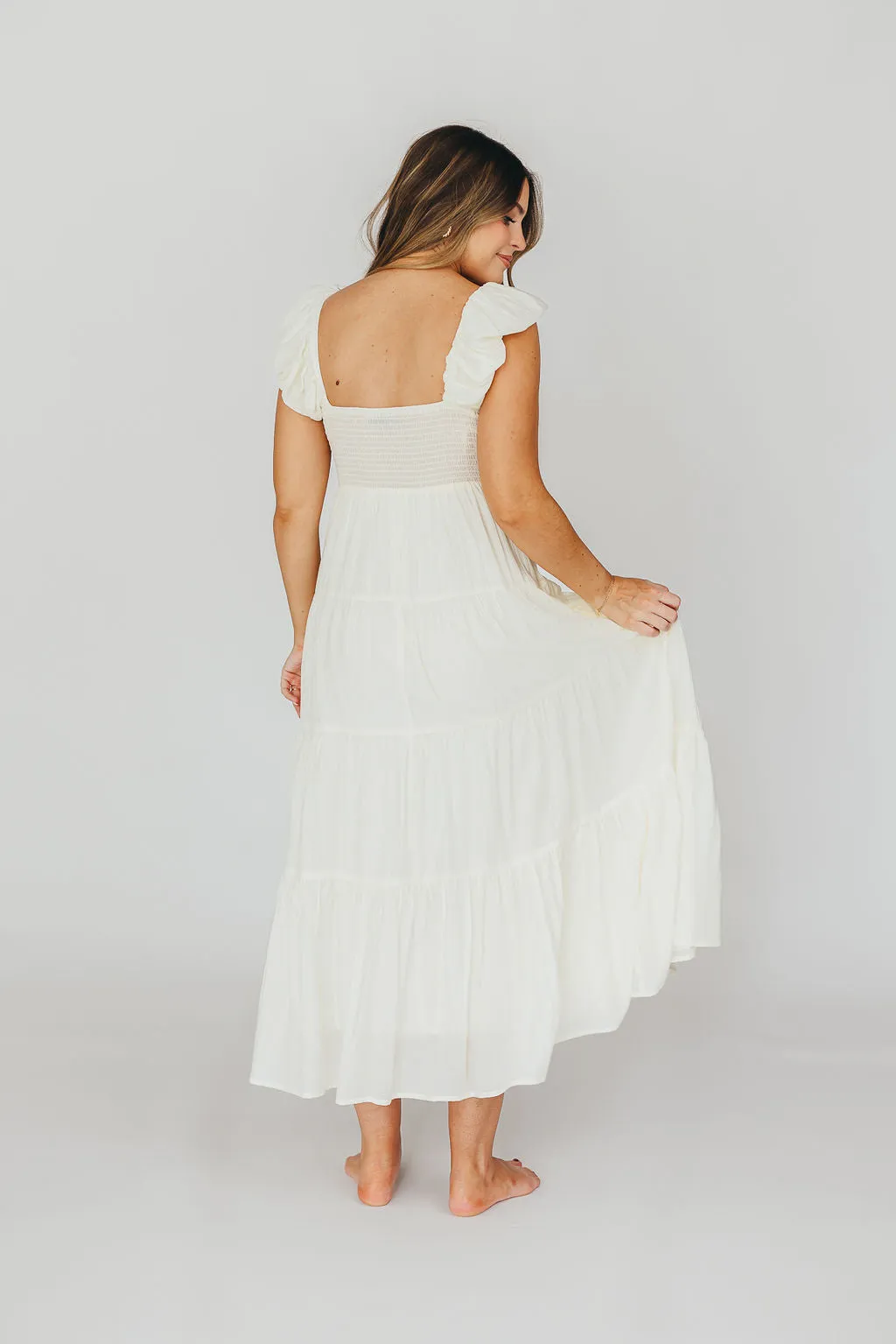 Katy Pleated Bodice Midi Dress in Cream - Bump Friendly