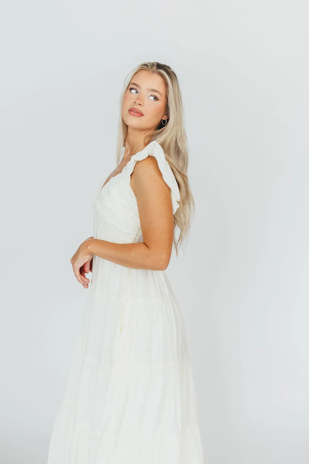 Katy Pleated Bodice Midi Dress in Cream - Bump Friendly