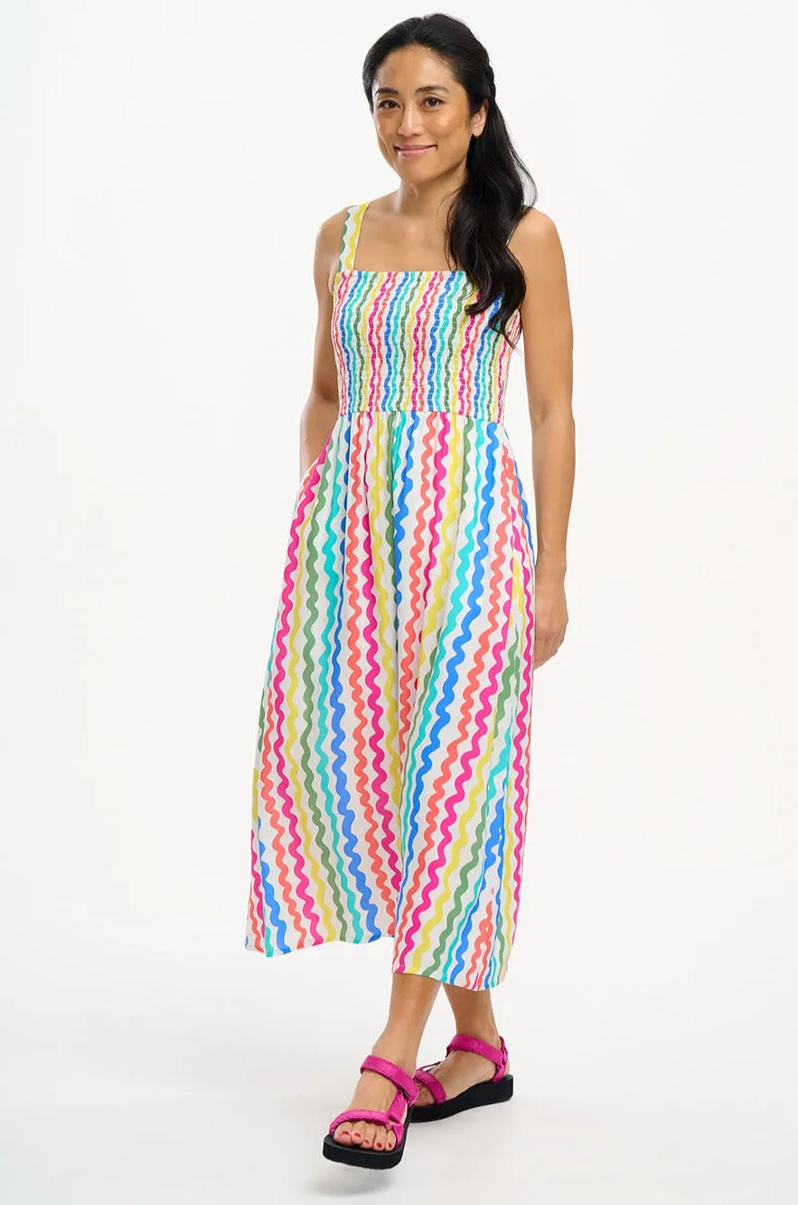 Kyla Shirred Midi Sundress - Multi, Squiggly Lines