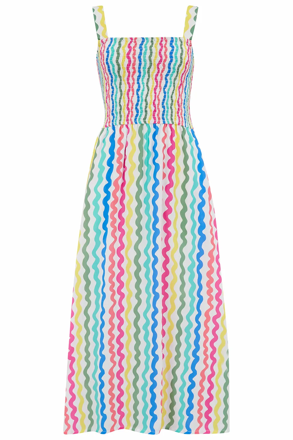 Kyla Shirred Midi Sundress - Multi, Squiggly Lines