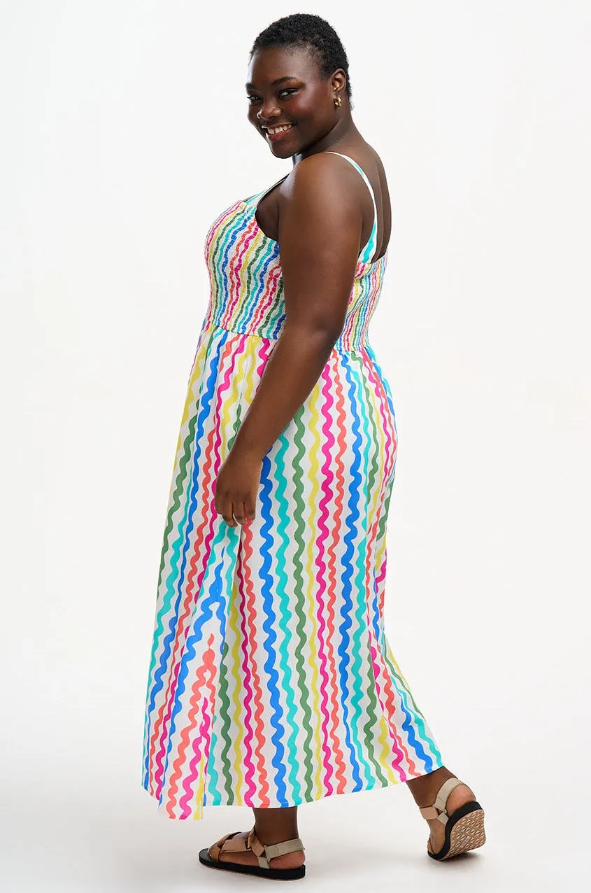 Kyla Shirred Midi Sundress - Multi, Squiggly Lines