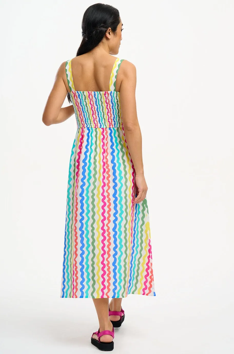 Kyla Shirred Midi Sundress - Multi, Squiggly Lines