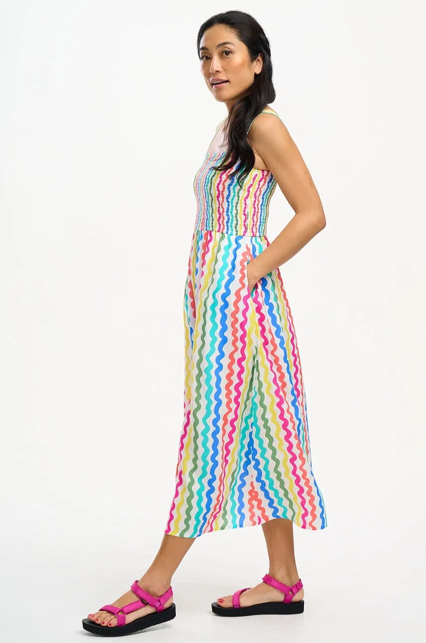 Kyla Shirred Midi Sundress - Multi, Squiggly Lines