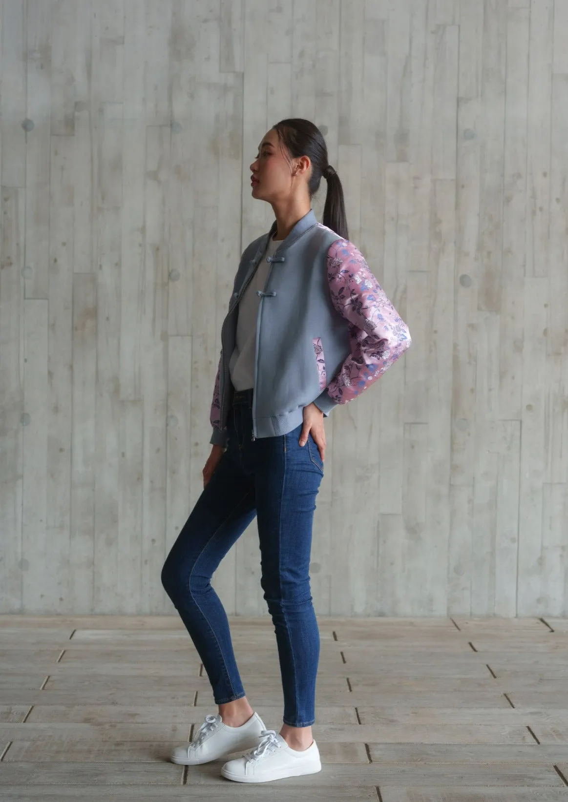 Love In Mist Bomber Jacket (Grey/ Multi Pink)