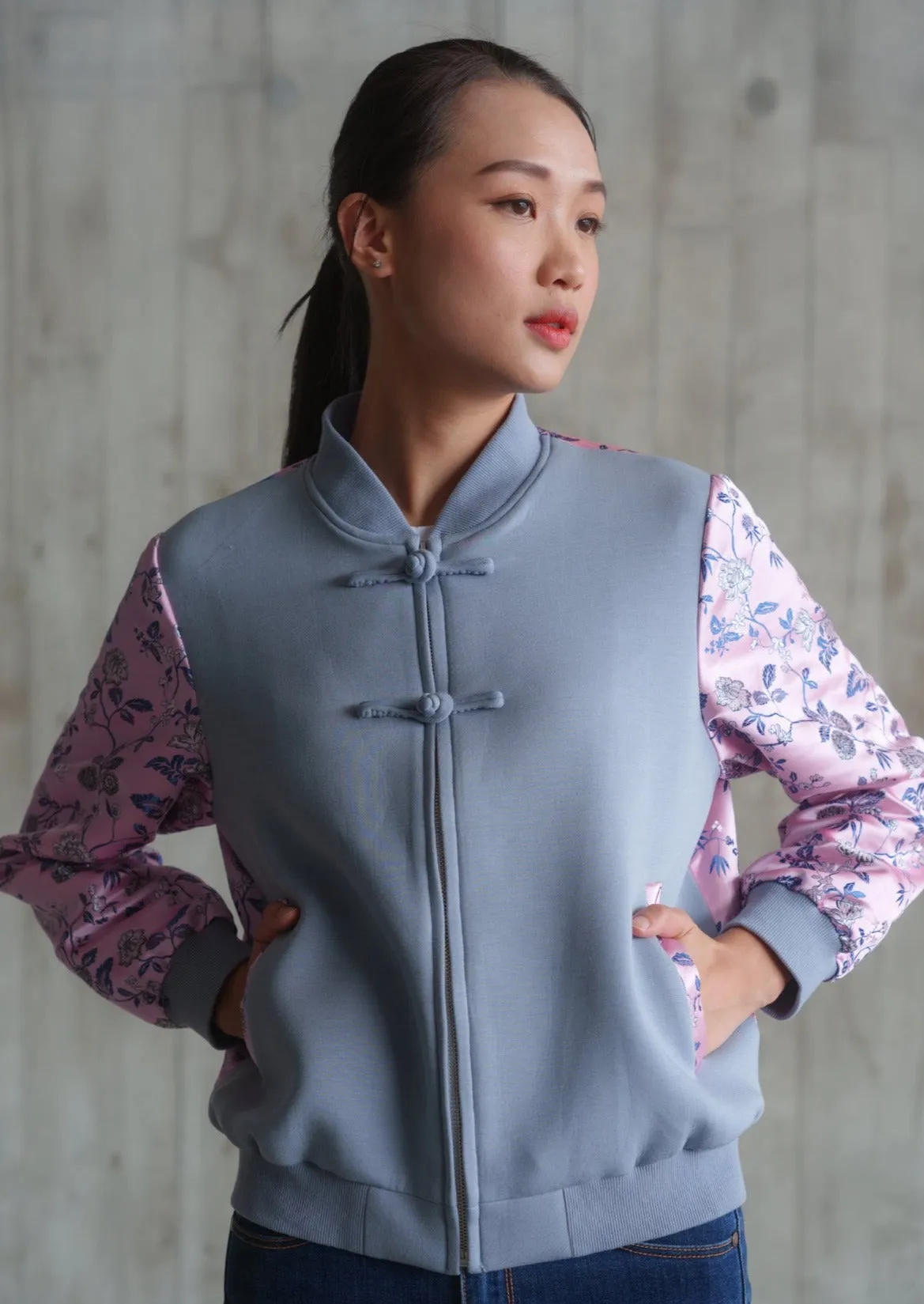 Love In Mist Bomber Jacket (Grey/ Multi Pink)