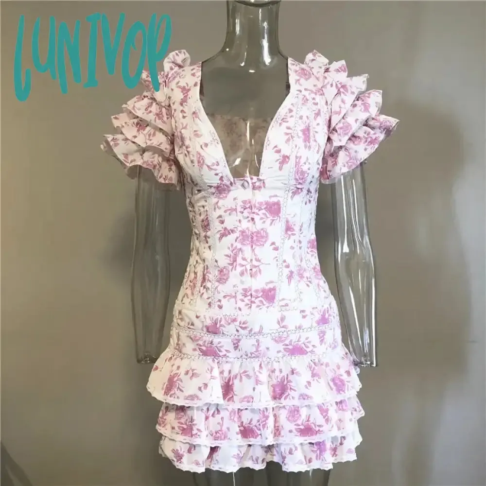 Lunivop Cute Sexy High Quality Ruffle Light Blue Women Mini Dress