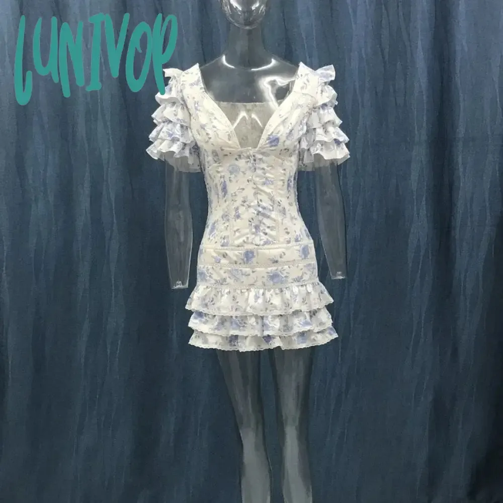 Lunivop Cute Sexy High Quality Ruffle Light Blue Women Mini Dress