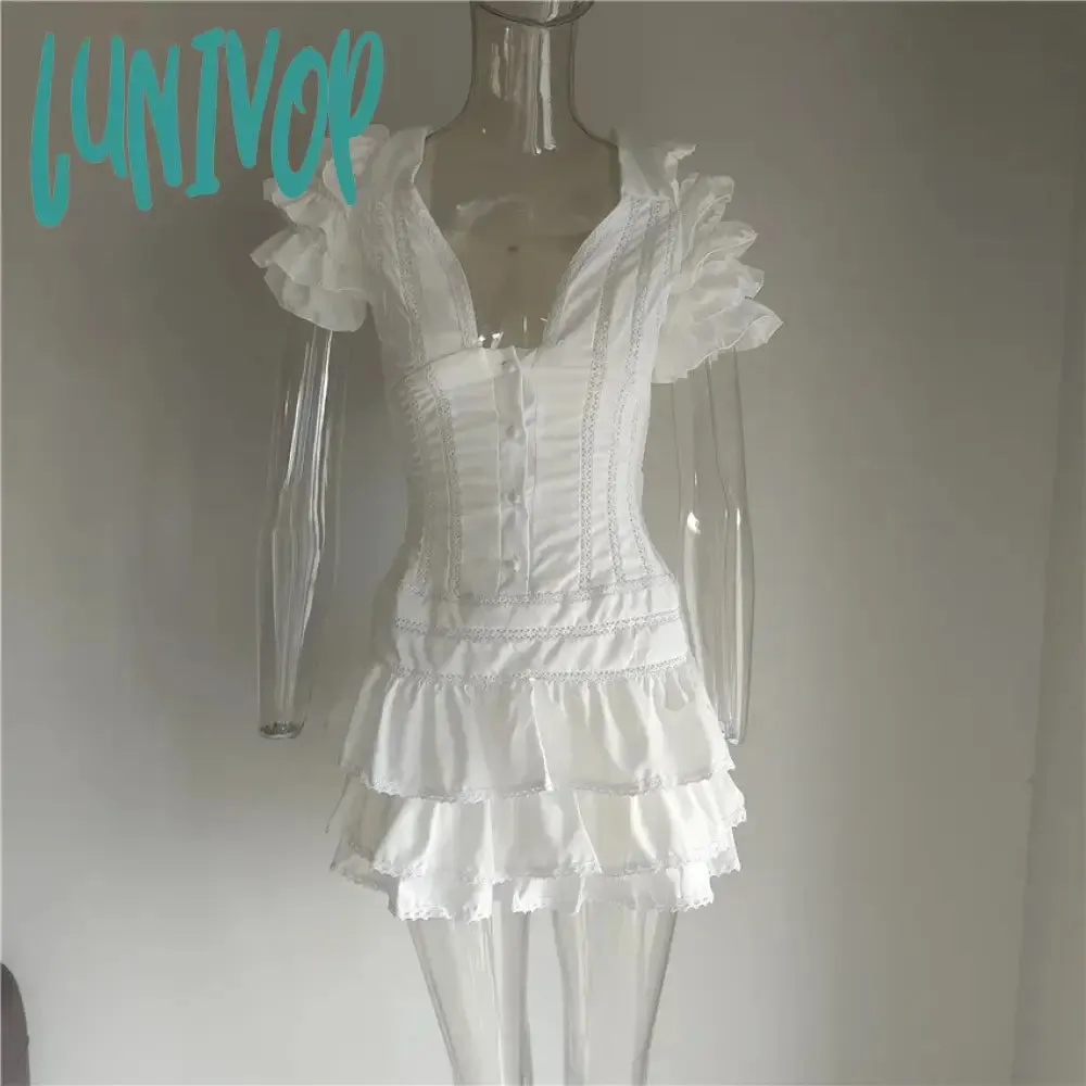 Lunivop Cute Sexy High Quality Ruffle Light Blue Women Mini Dress