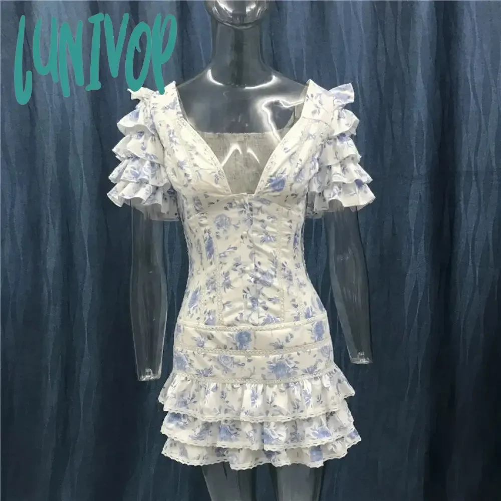 Lunivop Cute Sexy High Quality Ruffle Light Blue Women Mini Dress