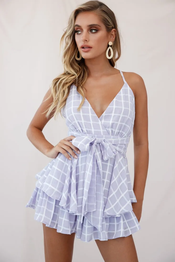 Maddox Fit & Flare Cami Strap Romper Lavender Checker Print