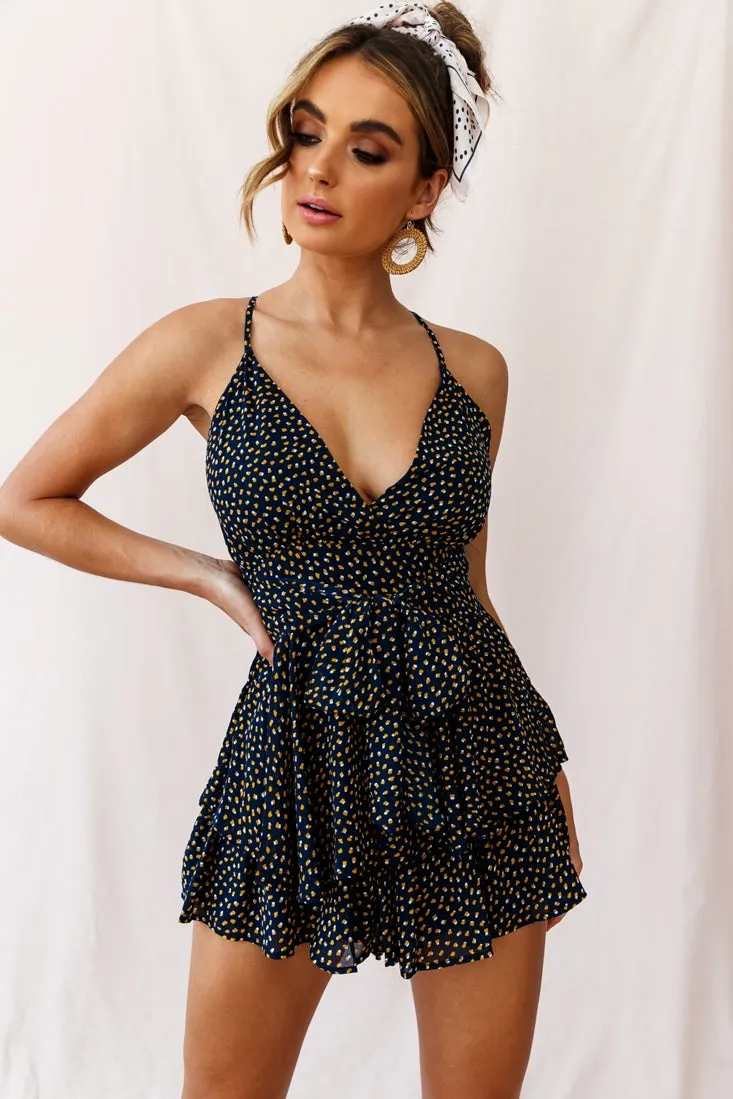 Maddox Fit & Flare Cami Strap Romper Speckle Print Navy