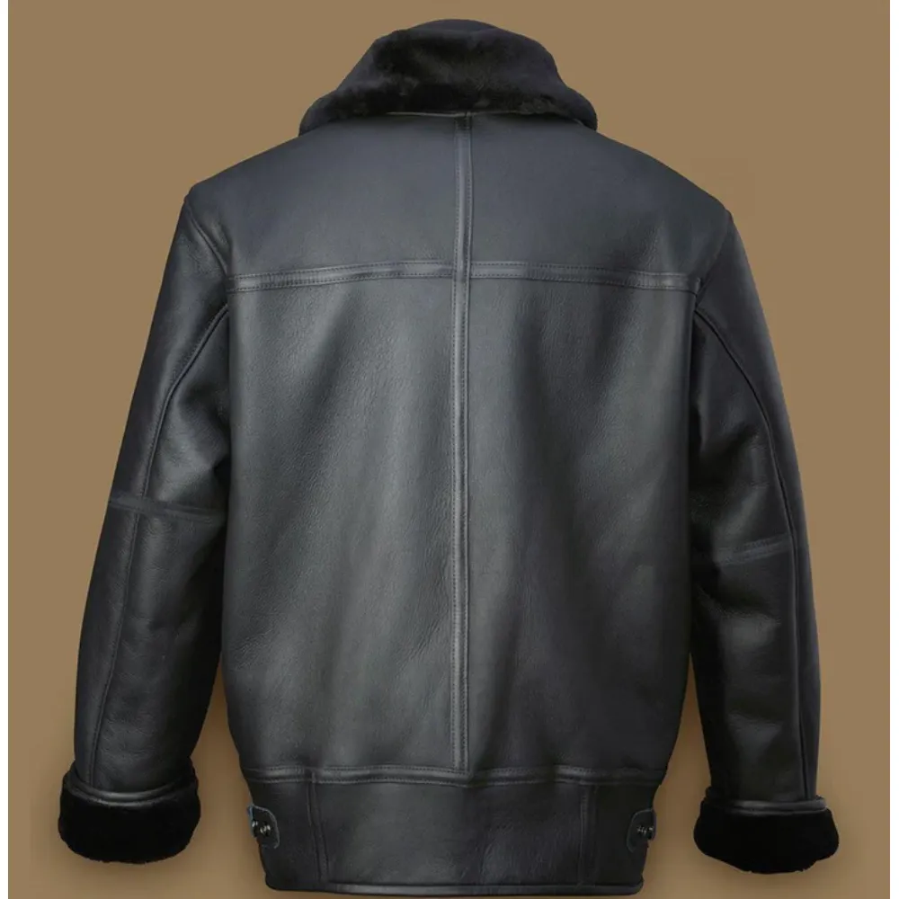 Men Black Aircraft Shearling Bomber Leather Jacket