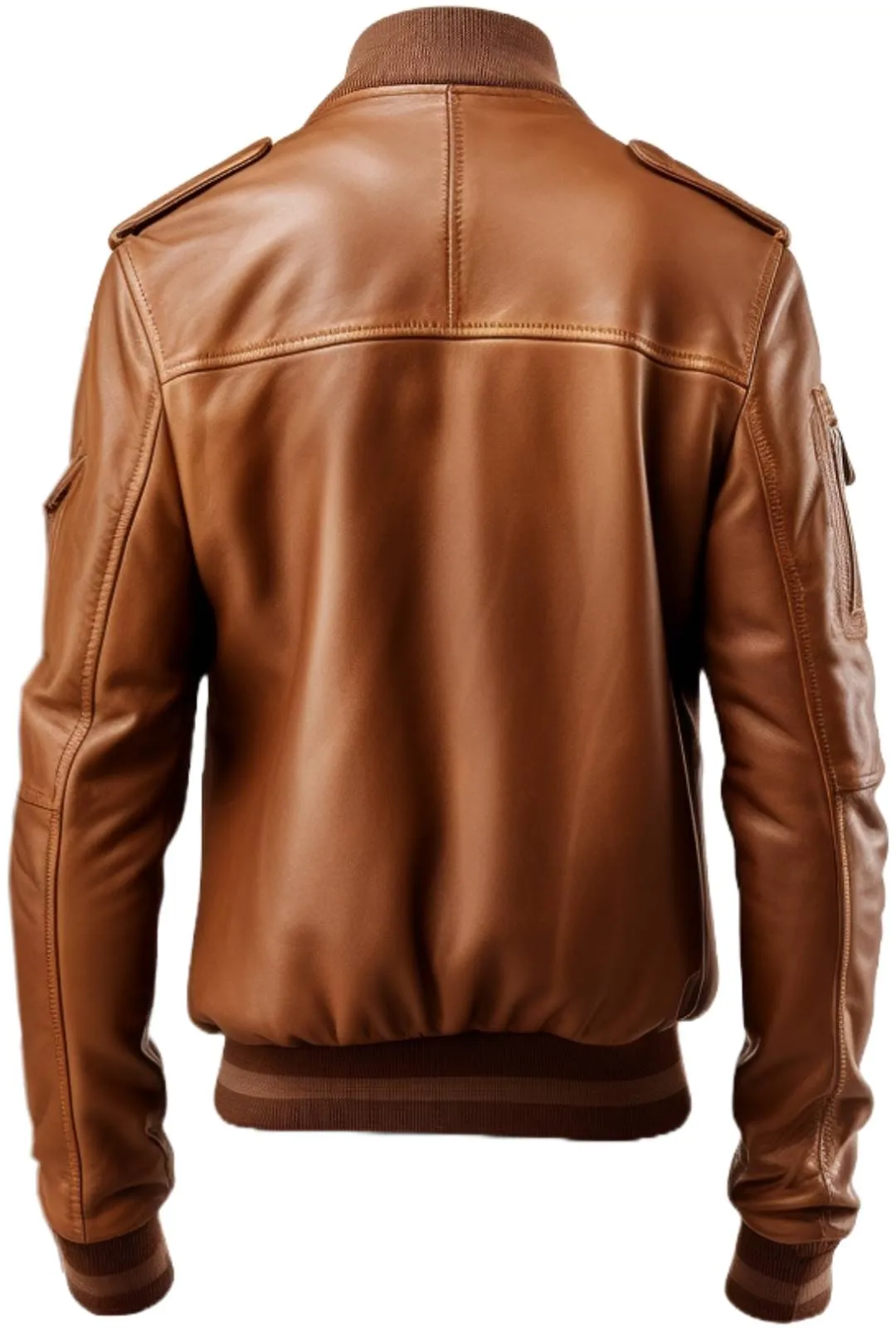 Men Brown Strap Pockets Bomber Leather Jacket- Bomber Jacket Mens