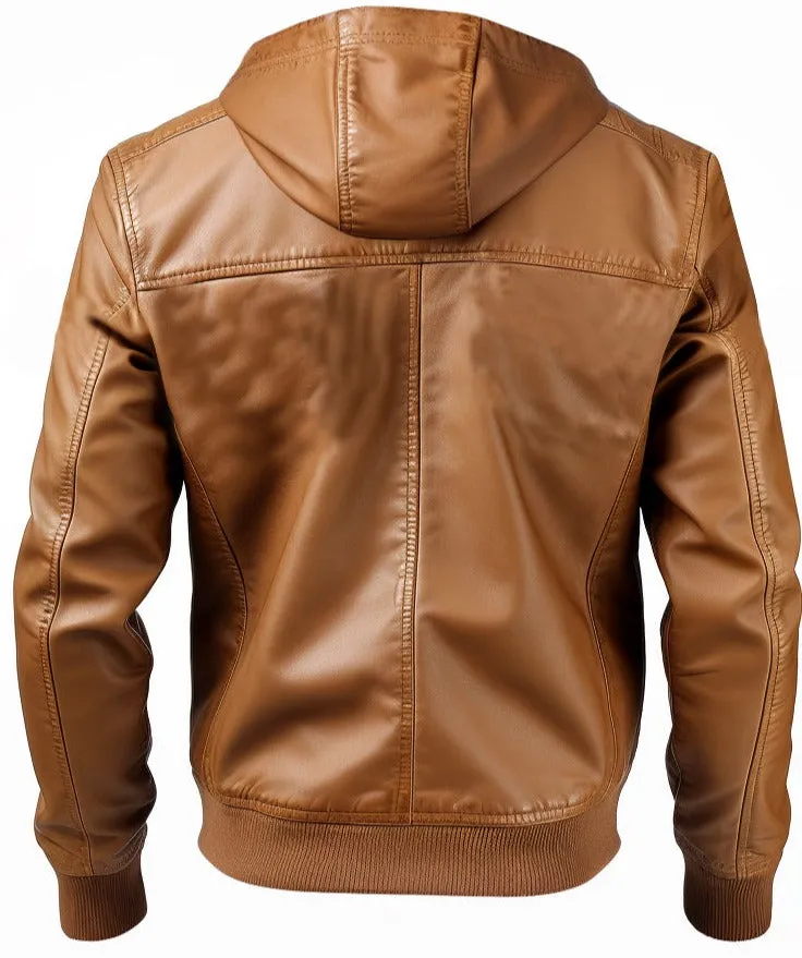 Men Classic Swiss Light Brown Hooded Leather Jacket