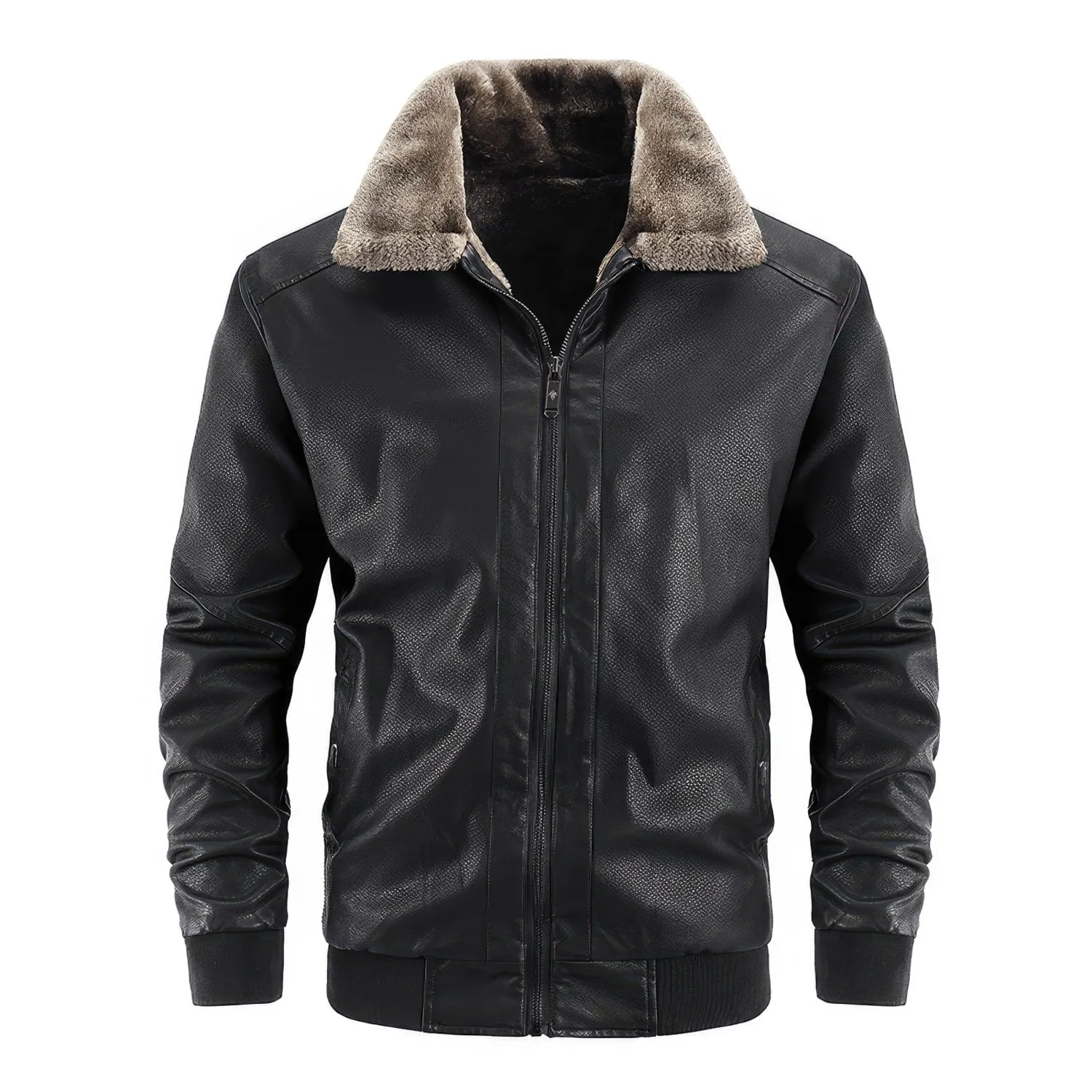 Men’s Black Bomber Genuine Sheepskin Sherpa Shearling Faux Fur Lined Shirt Collar Zip-Up Slim Fit Motorcycle Biker Leather Jacket