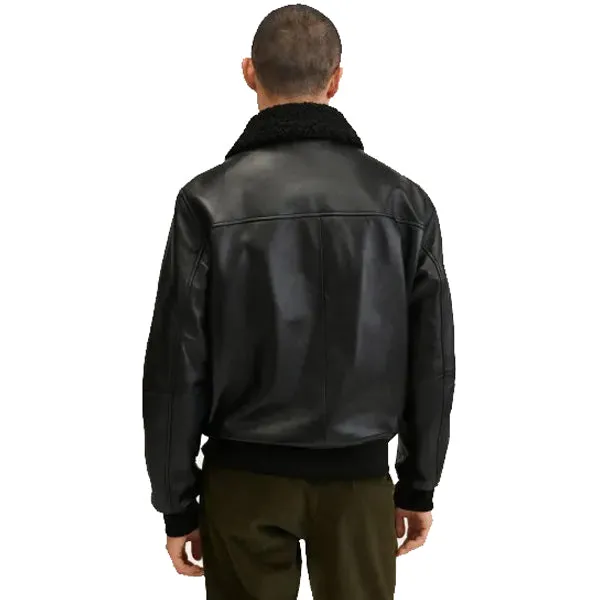 Mens Black Shearling Leather Bomber Jacket