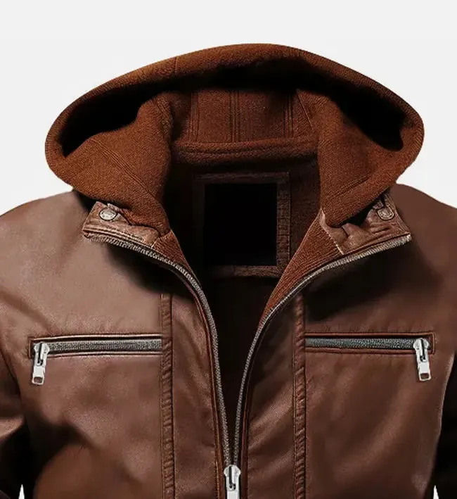 Men's Ethan Brown Hooded Leather Jacket