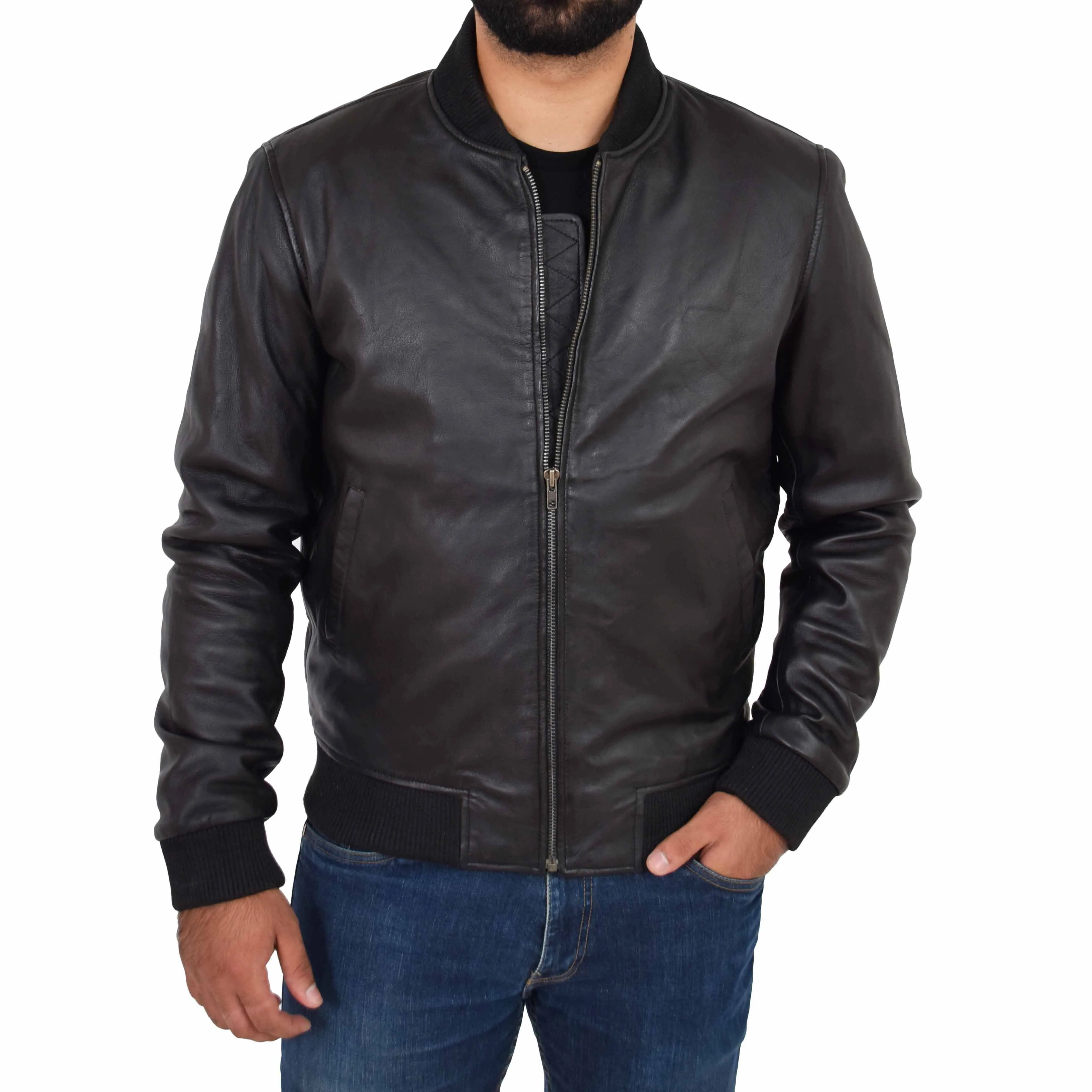 Mens Genuine Leather Bomber Jacket Jaxson Black