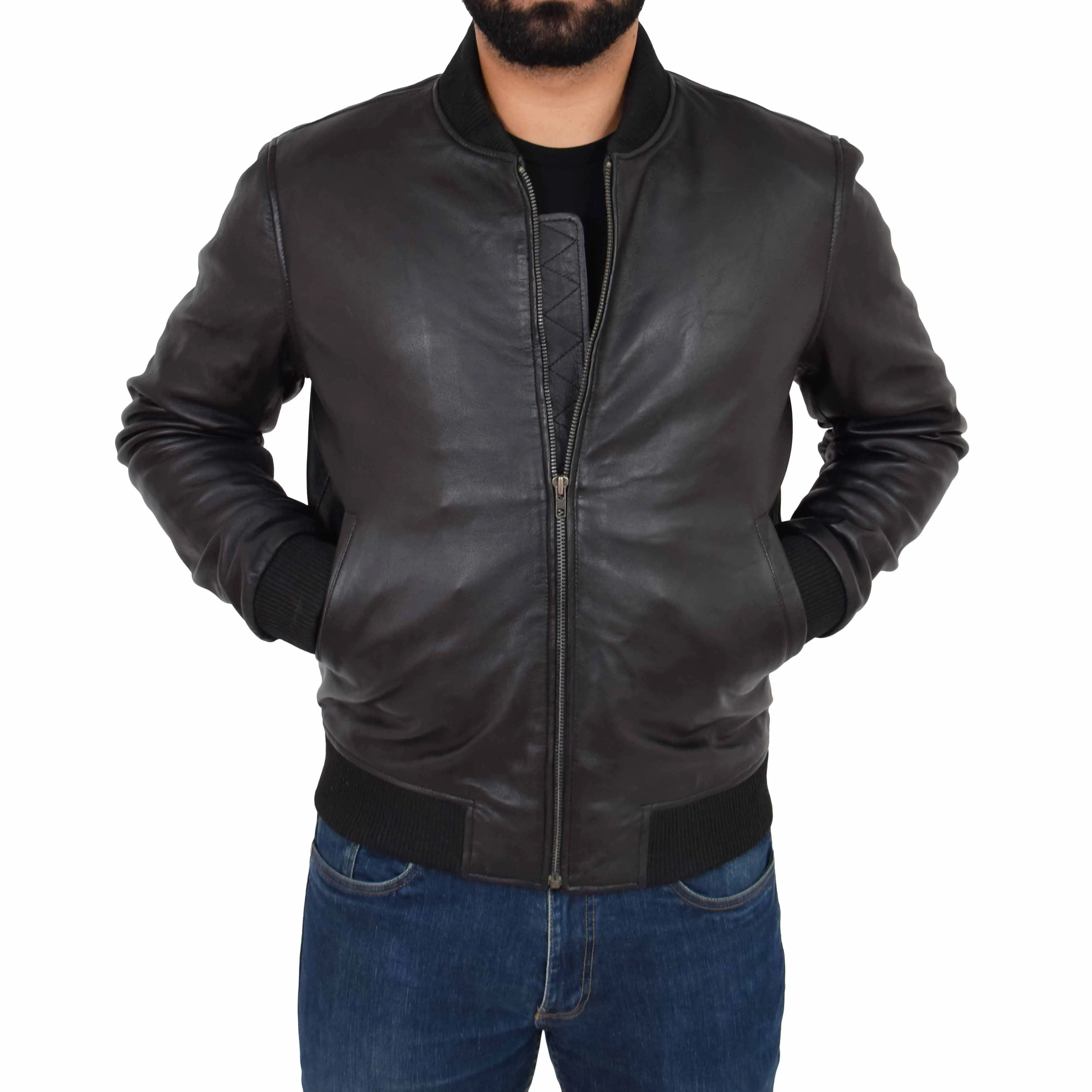 Mens Genuine Leather Bomber Jacket Jaxson Black