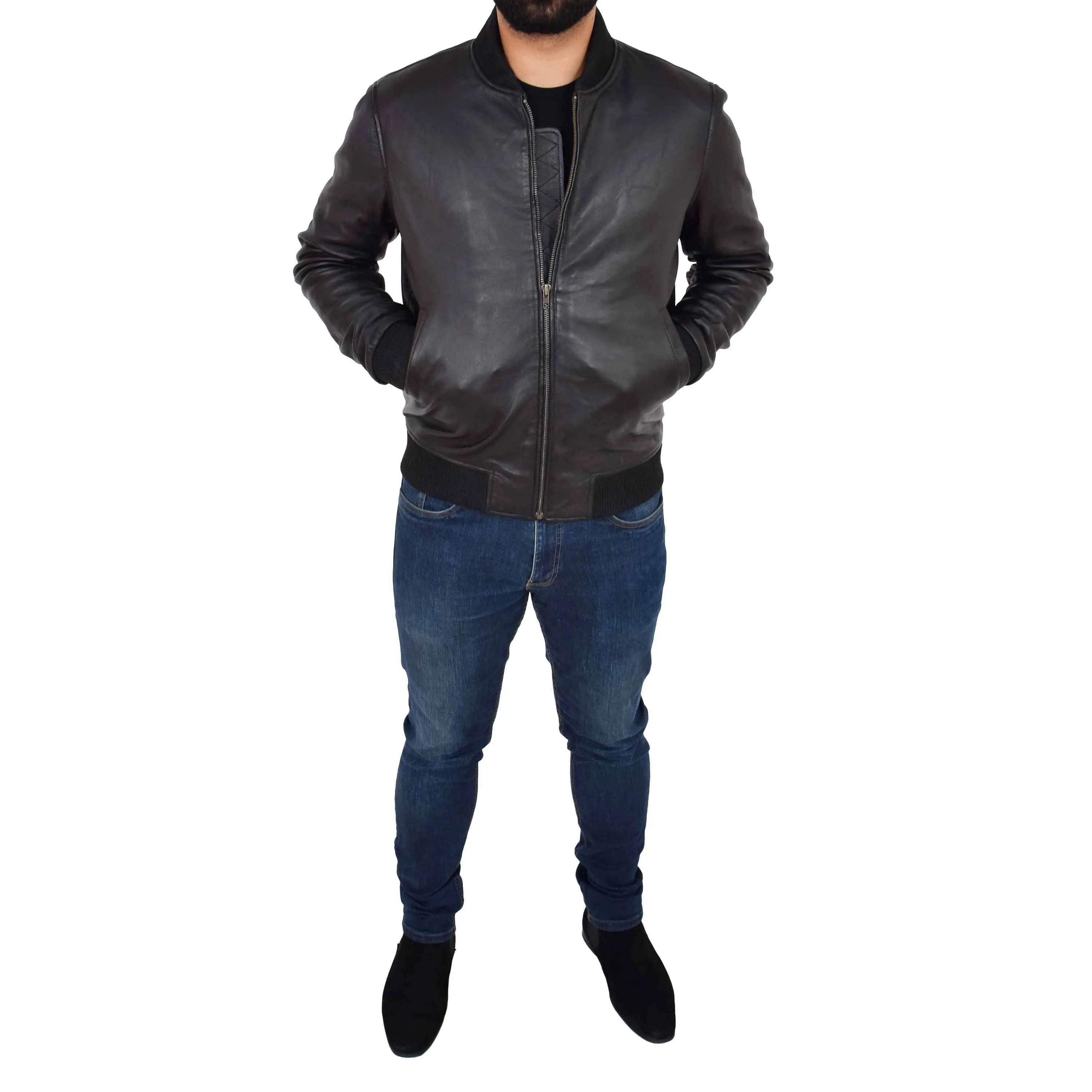 Mens Genuine Leather Bomber Jacket Jaxson Black