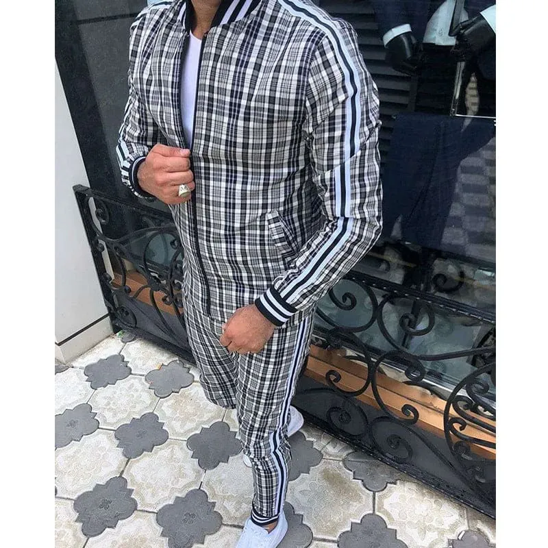 Men's Plaid Pattern Side Stripe Bomber Jacket & Pants Sweatsuit