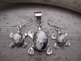 Native American Made White Buffalo and Sterling Silver Dainty Turtle Pendant and Earring Set