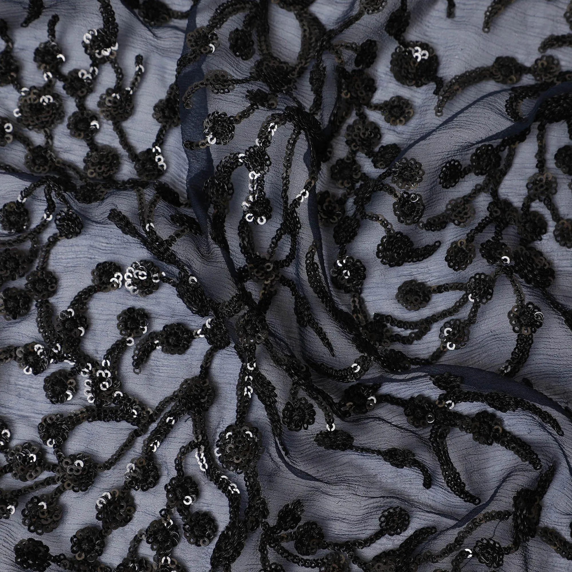 Navy blue premium pure silk chiffon fabric with black sequin embroidery in floral design-D13200